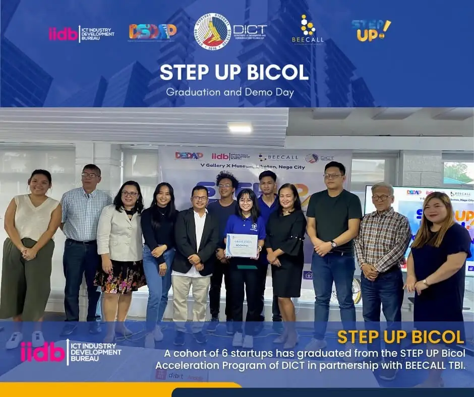 Group photo at the STEP UP Bicol Graduation and Demo Day, with one person holding a certificate